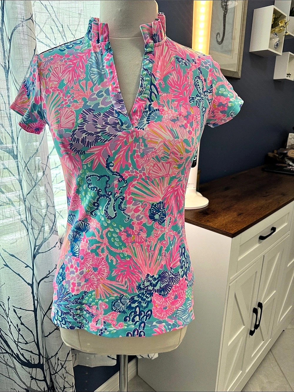 Lilly Pulitzer Luxletic Frida Ruffle Polo Floral Top Size Small